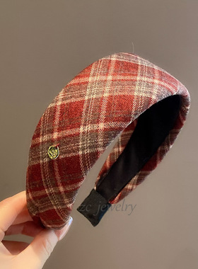 红色格纹宽边发箍女款洗脸压发发卡日常外戴高级感头箍头饰发饰