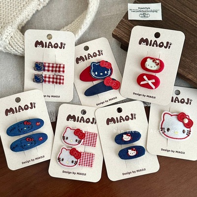 牛仔KT猫刘海小夹子头饰格子BB夹发夹高级感绝美侧边夹发卡发饰