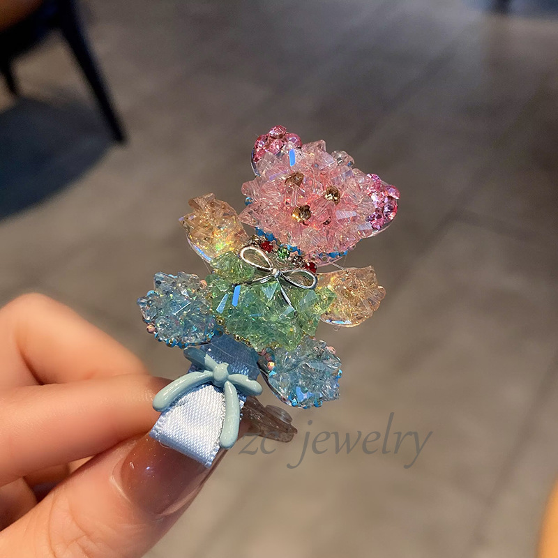 韩国新款水晶渐变小熊满钻发夹高级感重工侧边夹轻奢侧边夹碎发卡