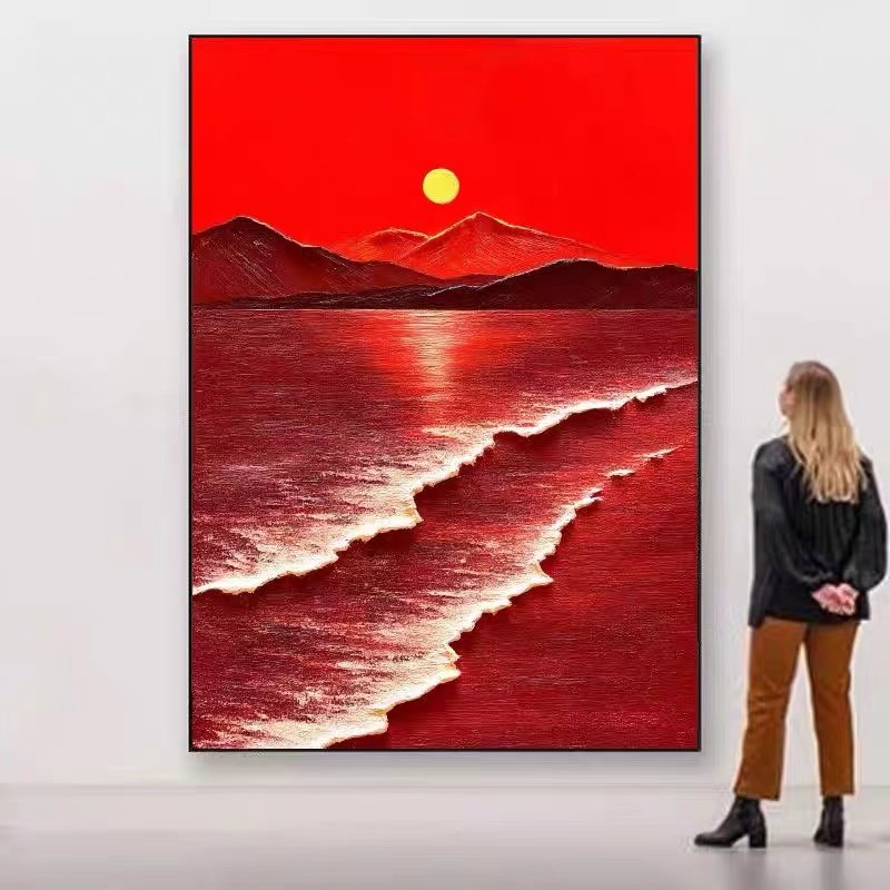 纯手绘油画玄关客厅背景墙挂画简约抽象画红色日出海滩沙发装饰画