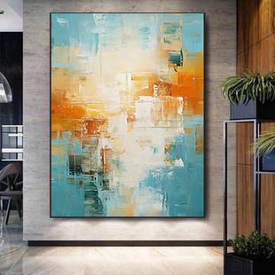 现代手绘油画光隙浸蓝暖色调温馨装饰画客厅大幅落地画玄关抽象画