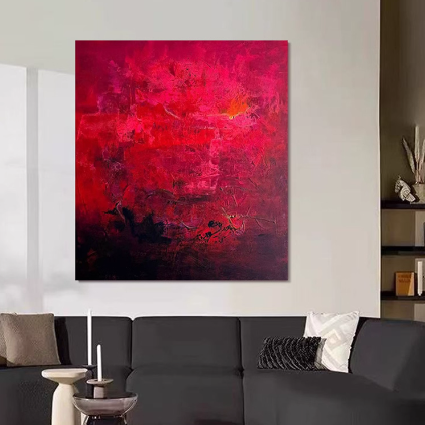 纯手绘油画红色沙发画高端肌理轻奢餐厅酒店家装设计师推荐装饰画