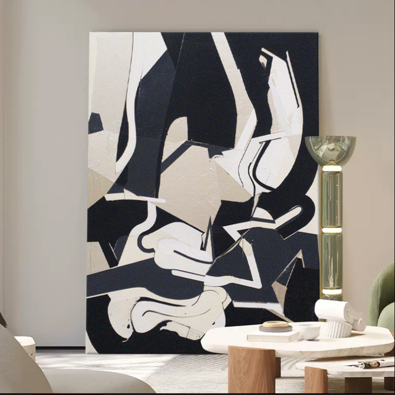 xd现代手工画简约极简黑白灰抽象高级感油画客厅背景走廊书房挂画