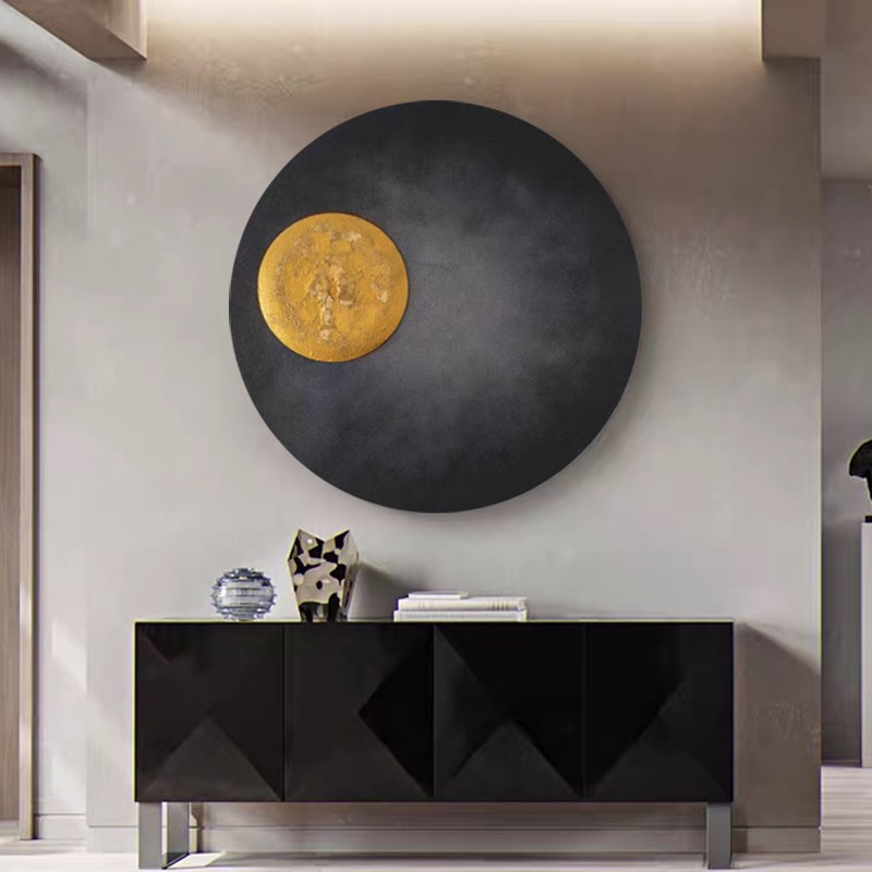 手绘油画侘寂赤贫黑色挂画抽象玄关装饰画圆形立体画样板房床头画图片