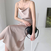 2024新款 女夏季 黑色显瘦气质收腰缎面高级感惊艳两件套吊带连衣裙