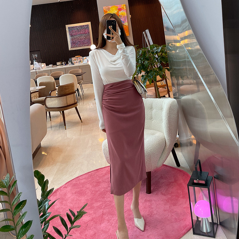 褶皱半身裙新款夏季女包臀修身显瘦开叉高腰中长款时尚一步裙气质