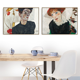 席勒和瓦莉Egon Schiele艺术装饰画挂画人物客厅自画像表现主义