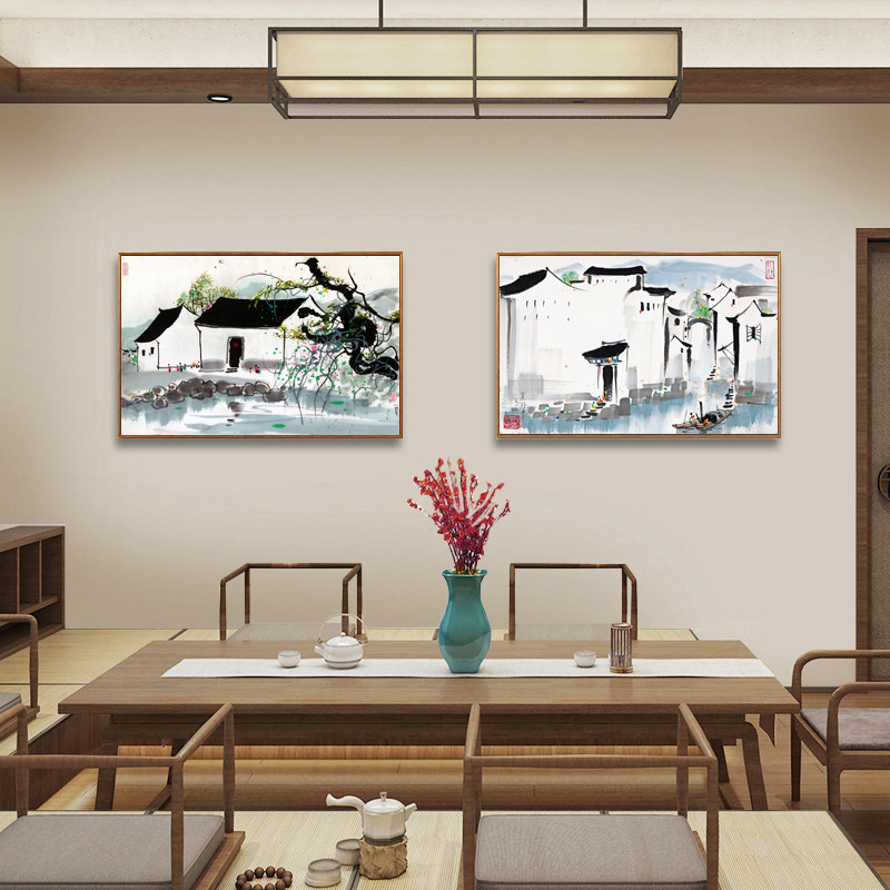 新中式风客餐厅大师江南山水油画