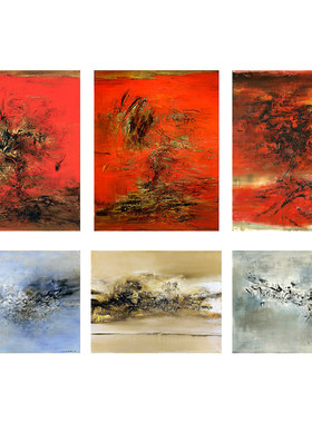 赵无极装饰画新中式意境蓝色红色抽象艺术民宿玄关高级感大幅挂画