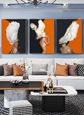 北欧现代创意橙色人物羽毛美女样板房客厅玄关装饰画轻奢沙发挂画