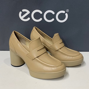 Ecco爱步女鞋 207343型塑 粗跟一脚蹬乐福鞋 厚底防水台高跟单鞋