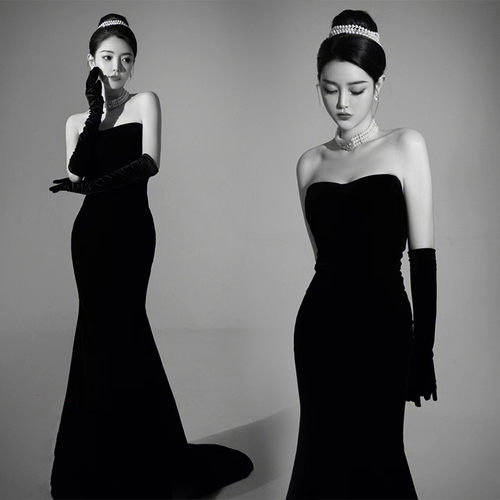 新款丝绒抹胸拖尾礼服