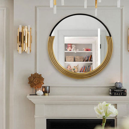 法式浴室镜挂墙圆镜LED灯化妆镜壁挂壁炉玄关艺术镜LED防雾卫浴镜