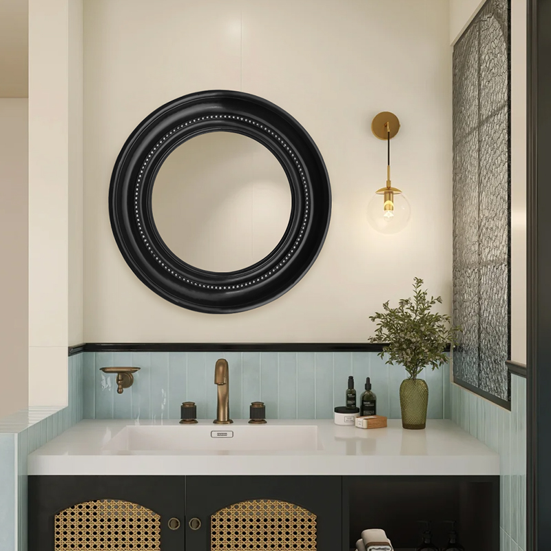 黑色圆形田园风智能化妆镜家用洗手间LED浴室镜样板间展会装饰镜