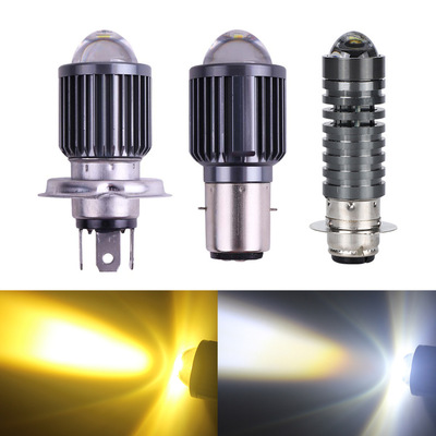 摩托车灯前大灯改装灯H4 BA20D白黄远近光一体射灯双色摩托车灯