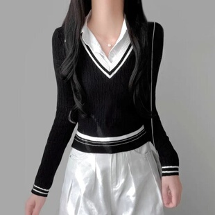 韩国chic设计感衬衫领拼接假两件针织衫女学院风洋气减龄长袖上衣