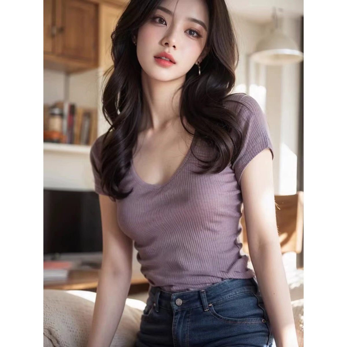 坑条针织衫短袖T恤女2026新款夏季薄款修身显瘦冰丝正肩上衣休闲