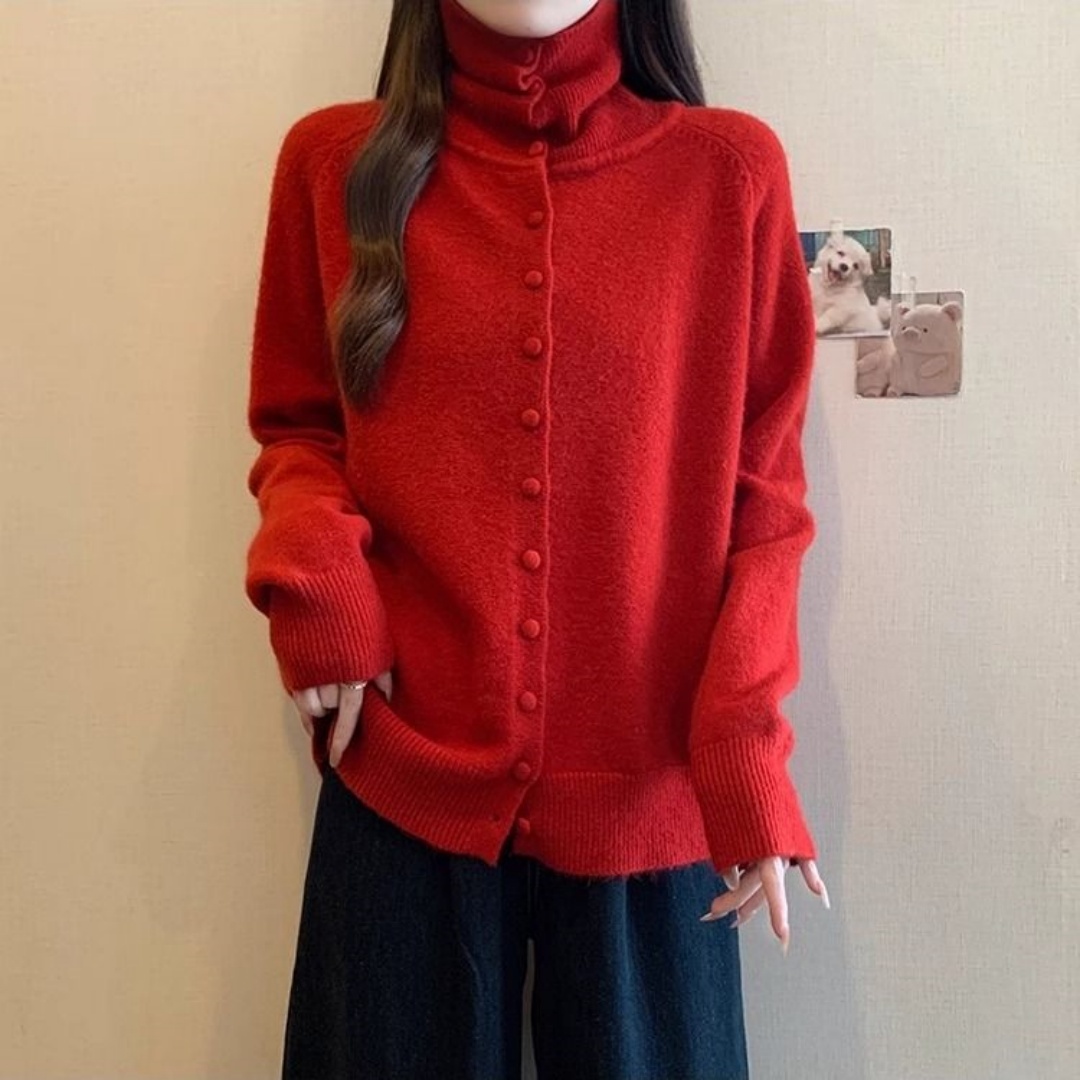 拼接单排扣高领外搭针织毛衣