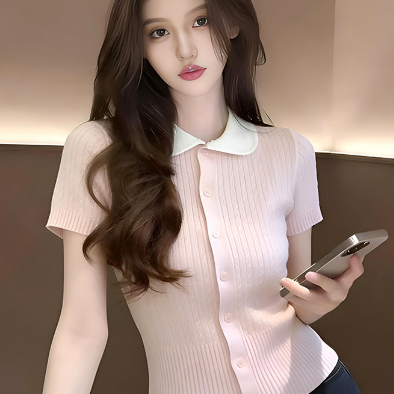 粉色娃娃领冰丝短袖针织衫女2026新款夏季修身小个子休闲漂亮上衣