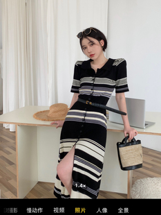 黑色条纹polo领短袖连衣裙女夏2024新款针织收腰中长款裙子