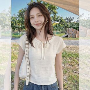 独特漂亮巨好看针织冰丝短袖t恤女夏季绝美韩系白色镂空系带上衣