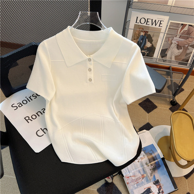 白色polo领冰丝短袖针织短款洋气