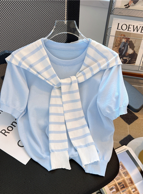 奶蓝色短袖针织衫配披肩chic韩版假两件上衣网红宽松小衫女2025夏