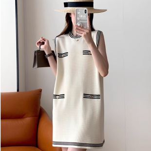 法式小香风冰丝针织连衣裙女夏季无袖短裙撞色背心裙小众绝美裙子