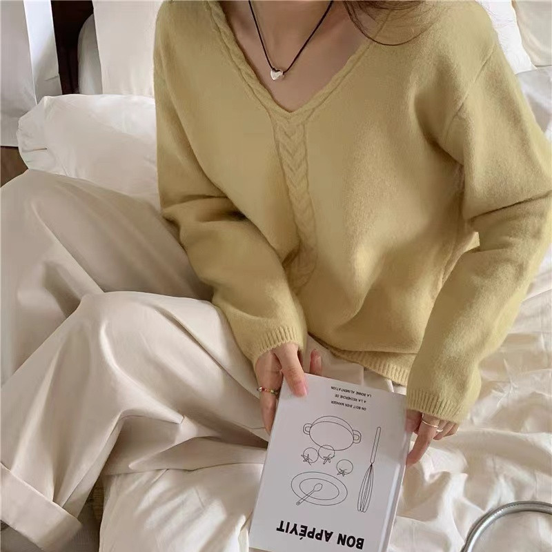 韩国东大门2024秋冬新款宽松慵懒休闲V领双麻花套头毛衣针织衫女