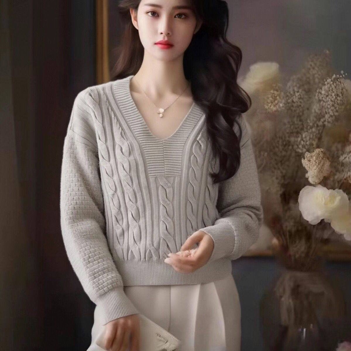 v领麻花毛衣女宽松外穿春季新款套头小个子针织衫短款慵懒风上衣