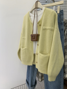 黄色小香风毛衣外套女秋冬慵懒风外穿韩版小个子针织开衫2023新款