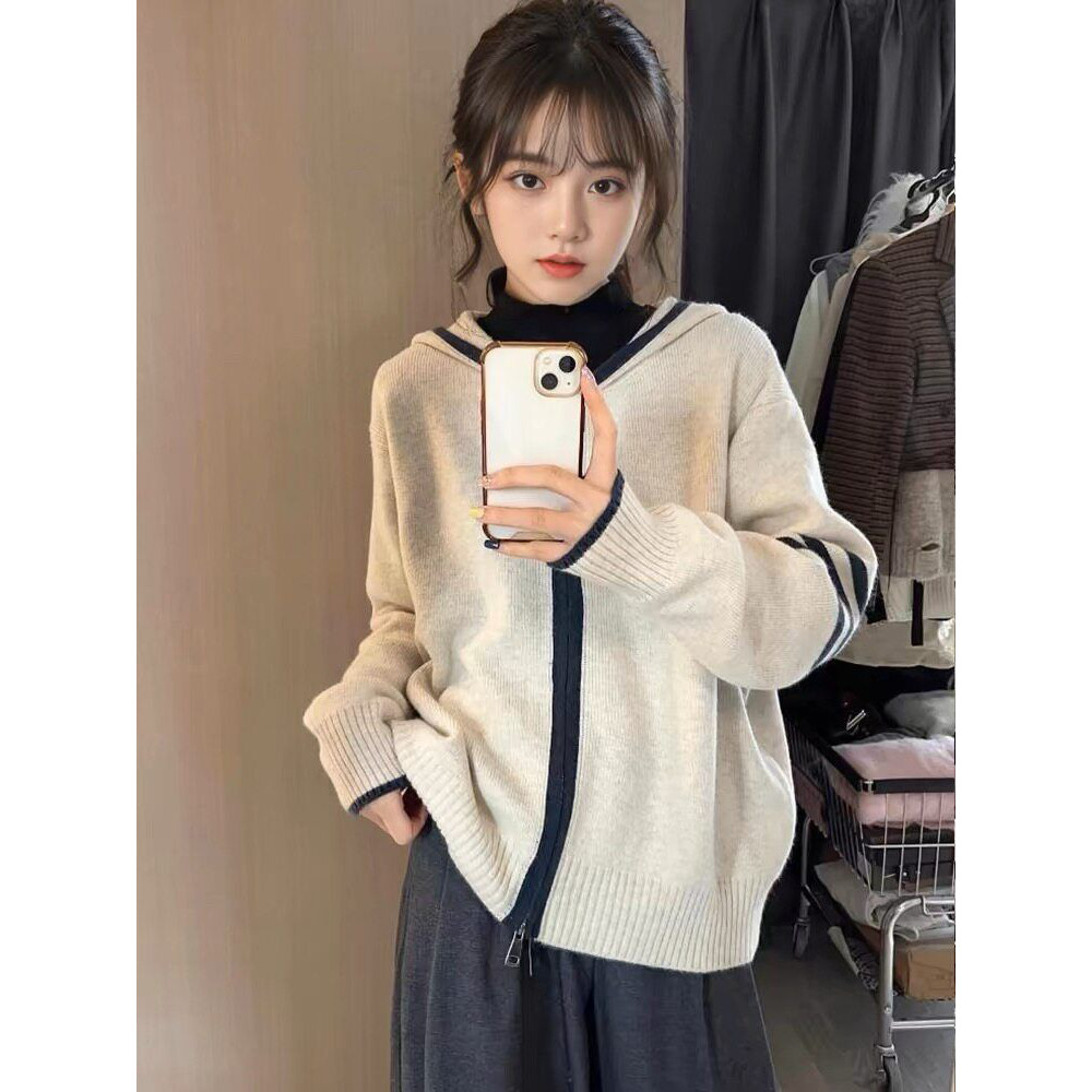 连帽毛衣外套女初秋2026新款韩版慵懒风卫衣软糯拉链针织开衫上衣