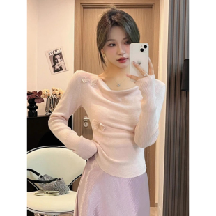 粉色立体蝴蝶荡领针织长袖t恤女2026夏收腰设计感独特超好看上衣