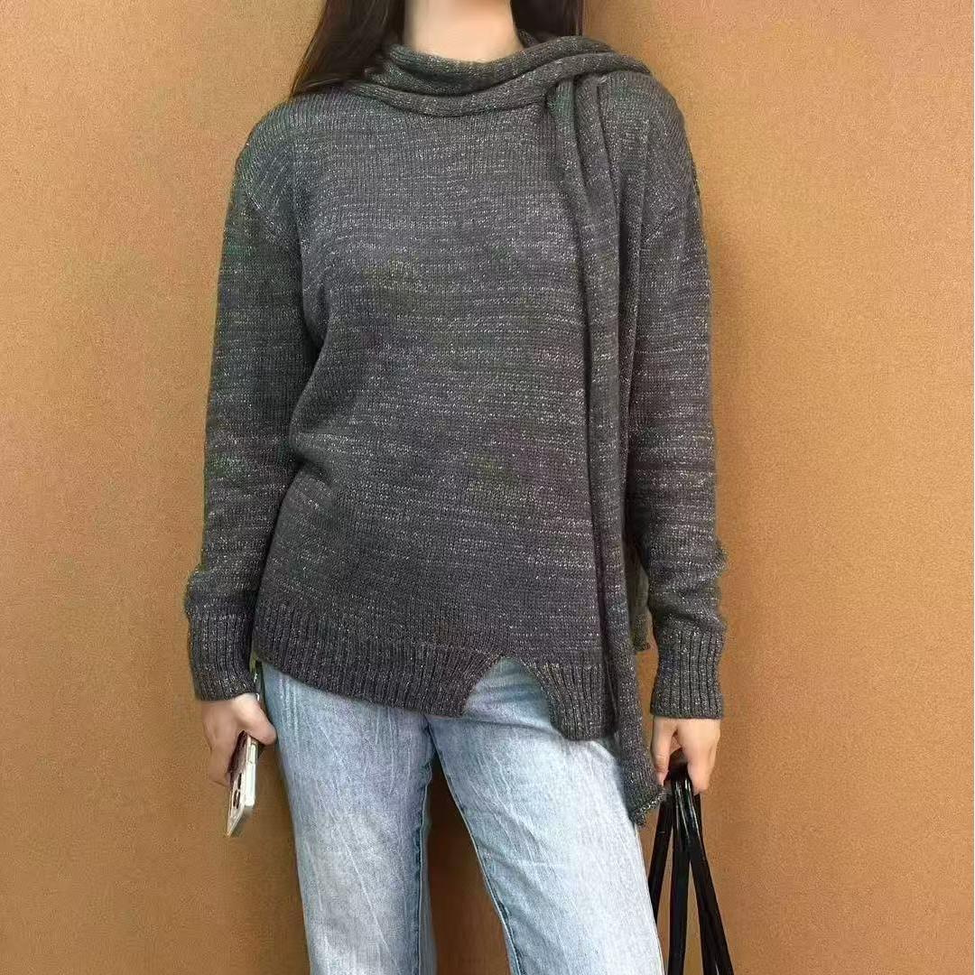 2025年秋冬新款韩版高级感围巾系带银丝线针织宽松百搭长袖上衣女