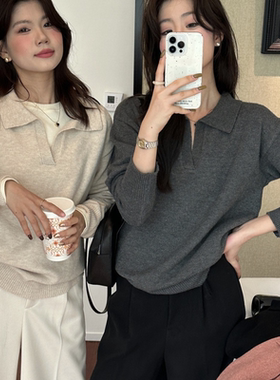 灰色翻领毛衣女内搭针织衫2026春季新款慵懒风POLO打底衫韩系上衣