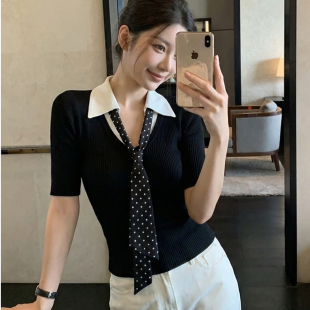 黑色韩系拼接针织衫夏季假两件翻领修身v领短袖上衣女夏季高级感