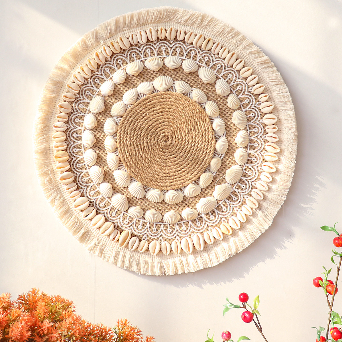 波西米亚风贝壳流苏拉菲草编壁饰民宿家居店铺装饰度假风墙面挂饰,家居饰品,壁饰,淘宝优惠券,粉丝福利购,淘宝优惠卷