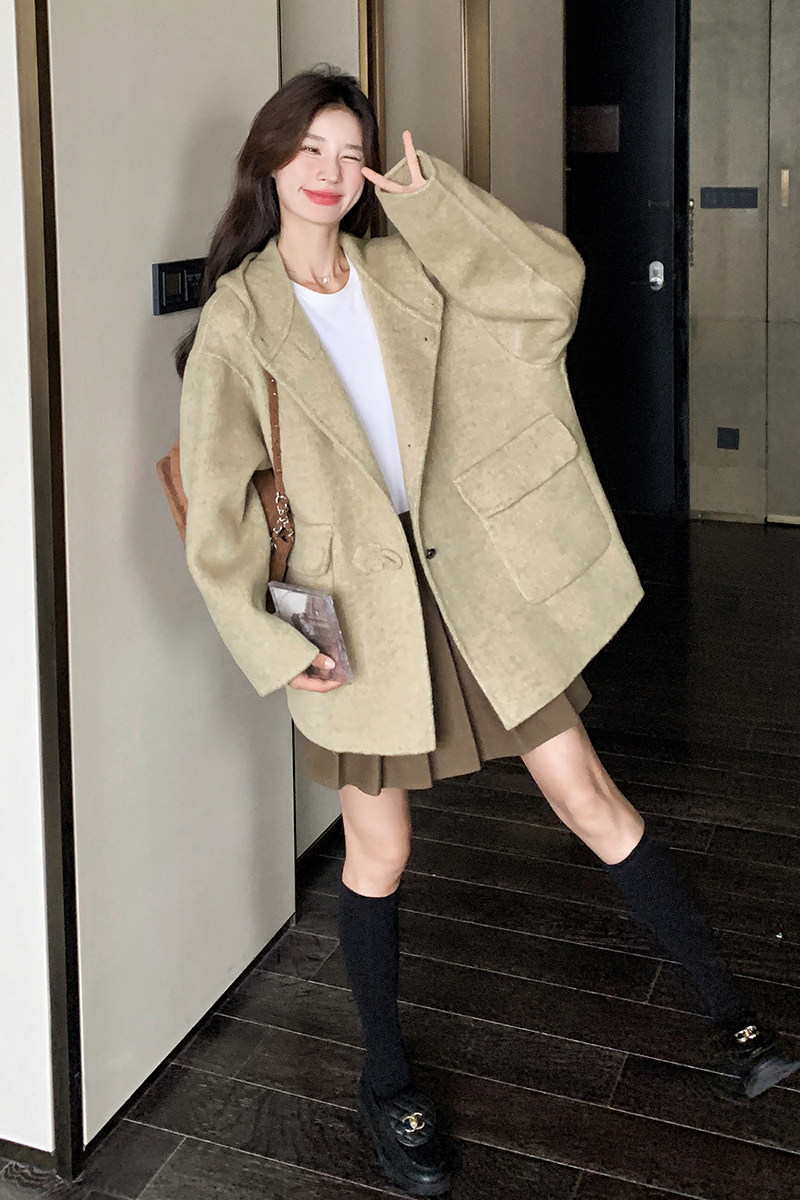 咖色连帽羊毛双面呢外套女秋冬2025新款巨好看流行漂亮高级感大衣,女装毛呢外套,浙宝099
