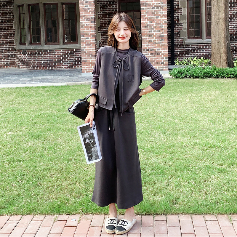 深灰色洋气休闲一整套女2024秋季新款设计感马甲半身裙显瘦三件套,女装套装/套裙,浙宝099