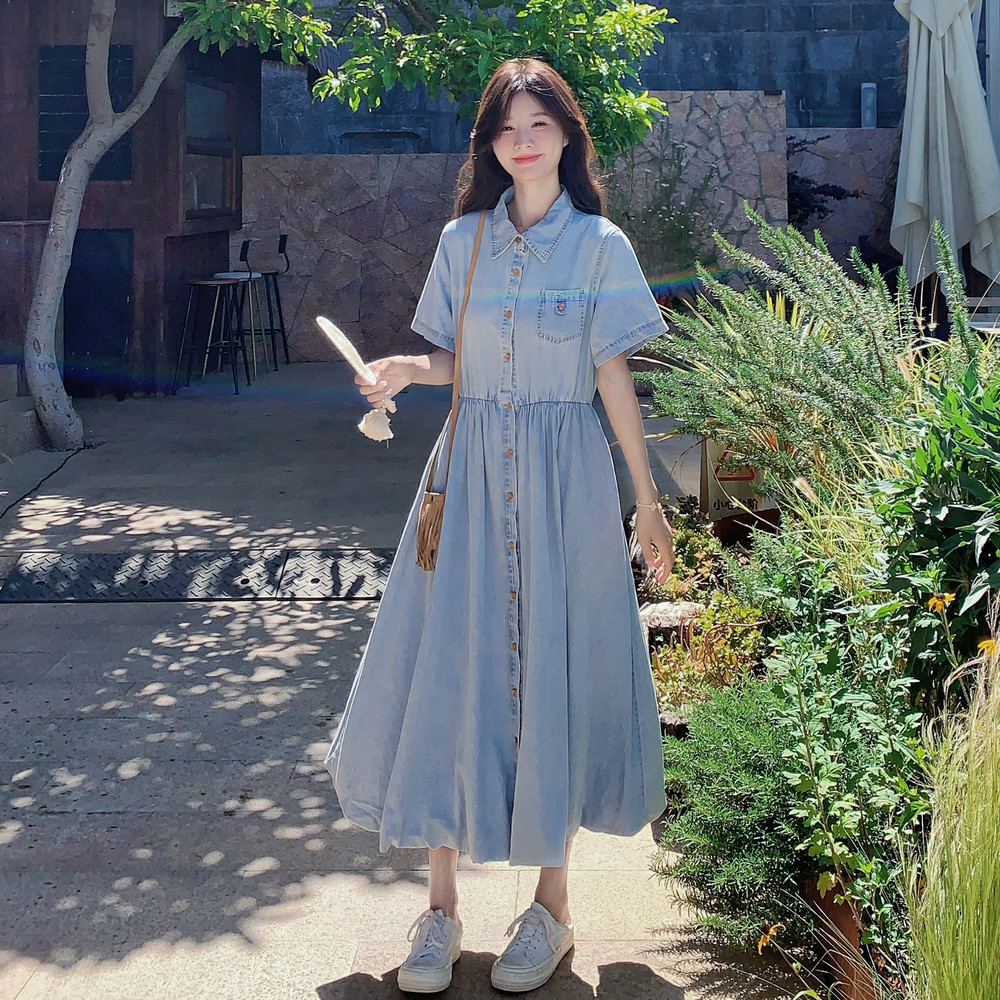 浅蓝色复古短袖牛仔连衣裙女2025夏季新款慵懒风收腰显瘦A字裙潮,女装连衣裙,浙宝099