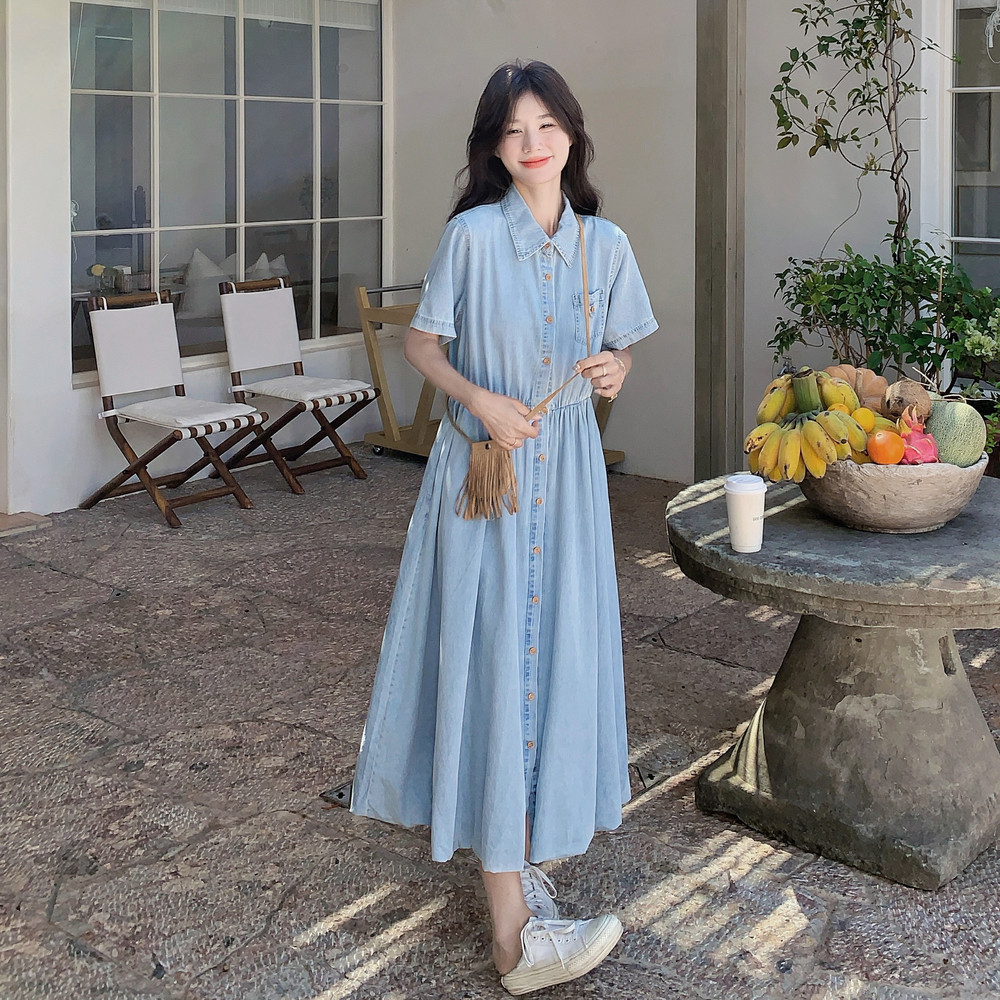 浅蓝色复古短袖牛仔连衣裙女2025夏季新款慵懒风收腰显瘦A字裙潮图片