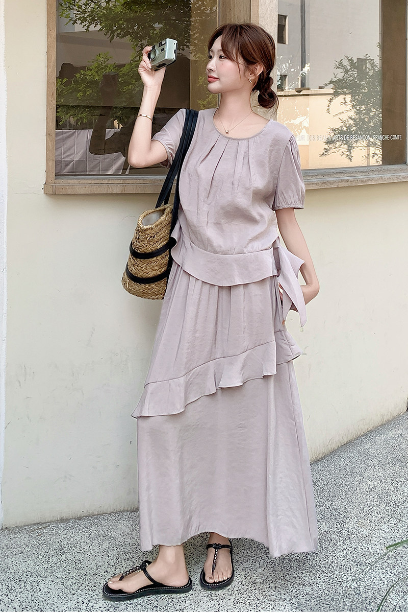紫色温柔风气质两件套女2025夏季新款韩系设计感荷叶边上衣半身裙,女装套装/套裙,浙宝099