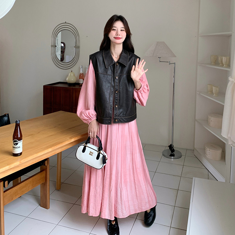 盐甜系穿搭pu皮马甲配粉色连衣裙女2025早春新款显瘦长裙两件套装,女装连衣裙,浙宝099