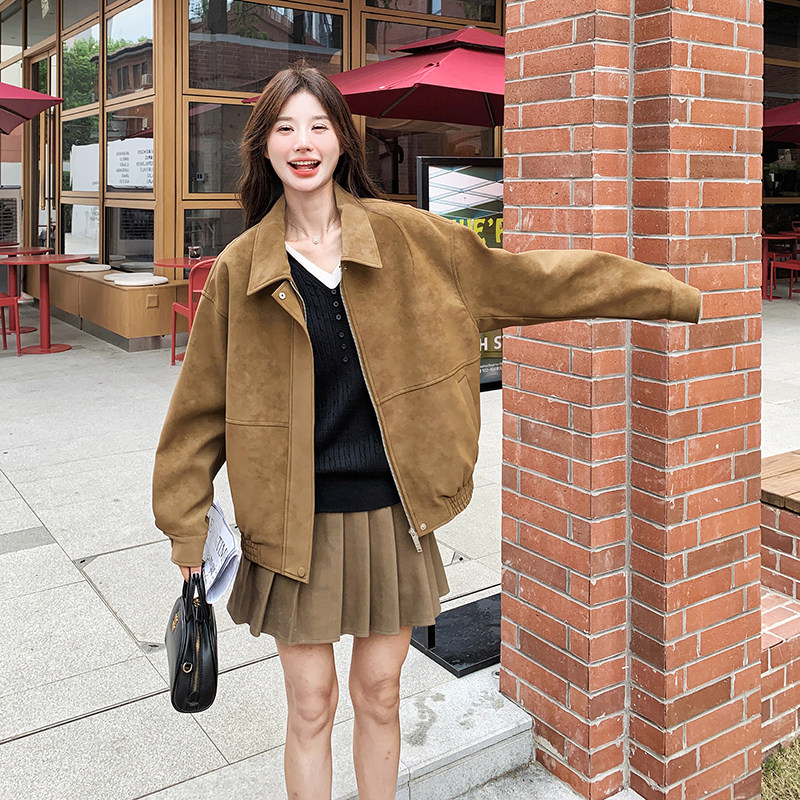 麂皮绒外套女2025春季新款美拉德复古设计感炸街休闲工装夹克上衣,女装短外套,浙宝099