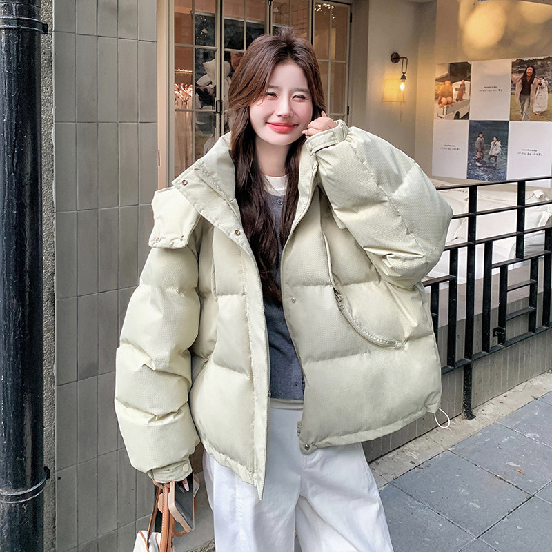 奶fufu豆绿色短款连帽云朵面包羽绒棉服女冬泡芙保暖棉衣棉袄外套图片