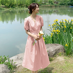 法式桔梗v领泡泡袖连衣裙女夏2025新款仙女超仙森系茶歇裙长裙子图片