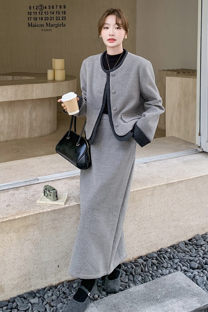 毛呢套装裙女2024冬新款高级感名媛外套半身裙小香风职业厚两件套,女装毛呢外套,浙宝099
