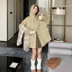 咖色连帽羊毛双面呢外套女秋冬2025新款巨好看流行漂亮高级感大衣图片