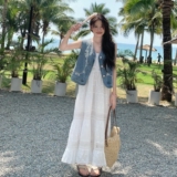 牛仔马甲蕾丝吊带连衣裙套装女夏2025新款气质绝美小众不撞款长裙，女装套装/套裙，浙宝099