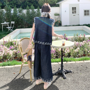 今年流行复古刺绣牛仔套装女2025夏季新款小飞袖上衣阔腿裤两件套图片